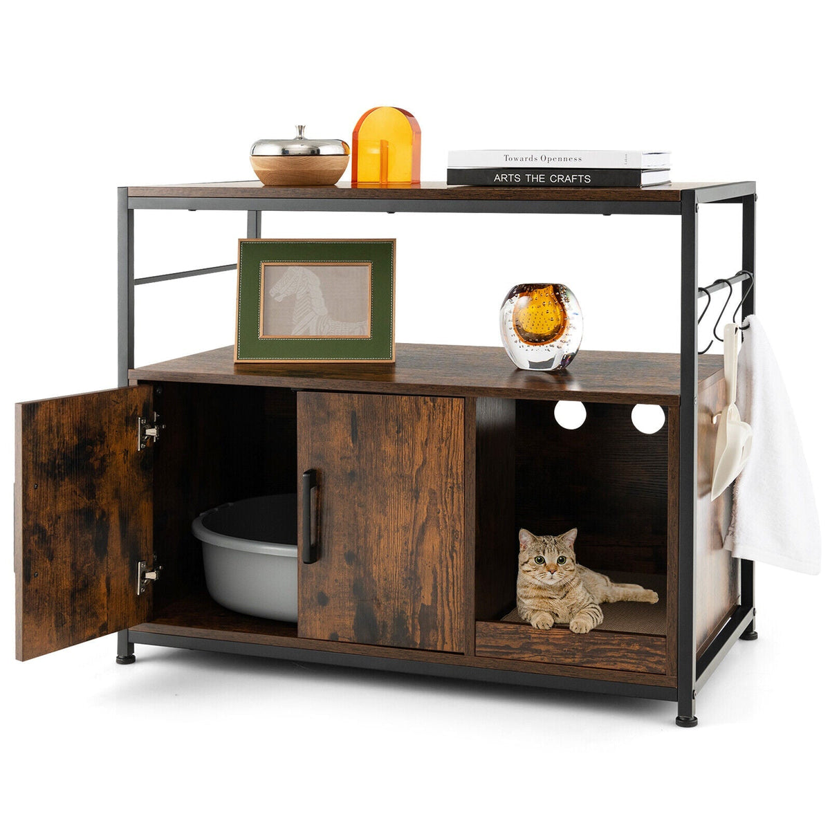Wooden Cat Box Cabinet with with Metal Frame and Scratching Pad-Rustic Brown