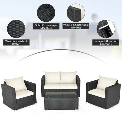 4 Pieces Patio Rattan Conversation Set with Cushions and Coffee Table-Black