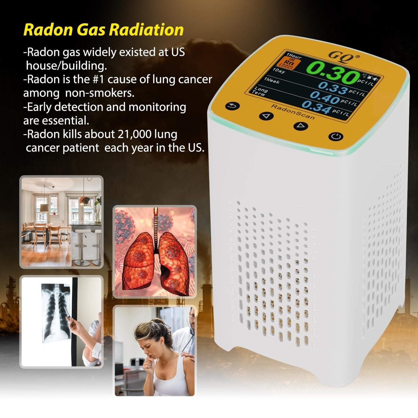GQ RadonScan Home Radon Detector Monitor Alpha Radiation Large Color Display