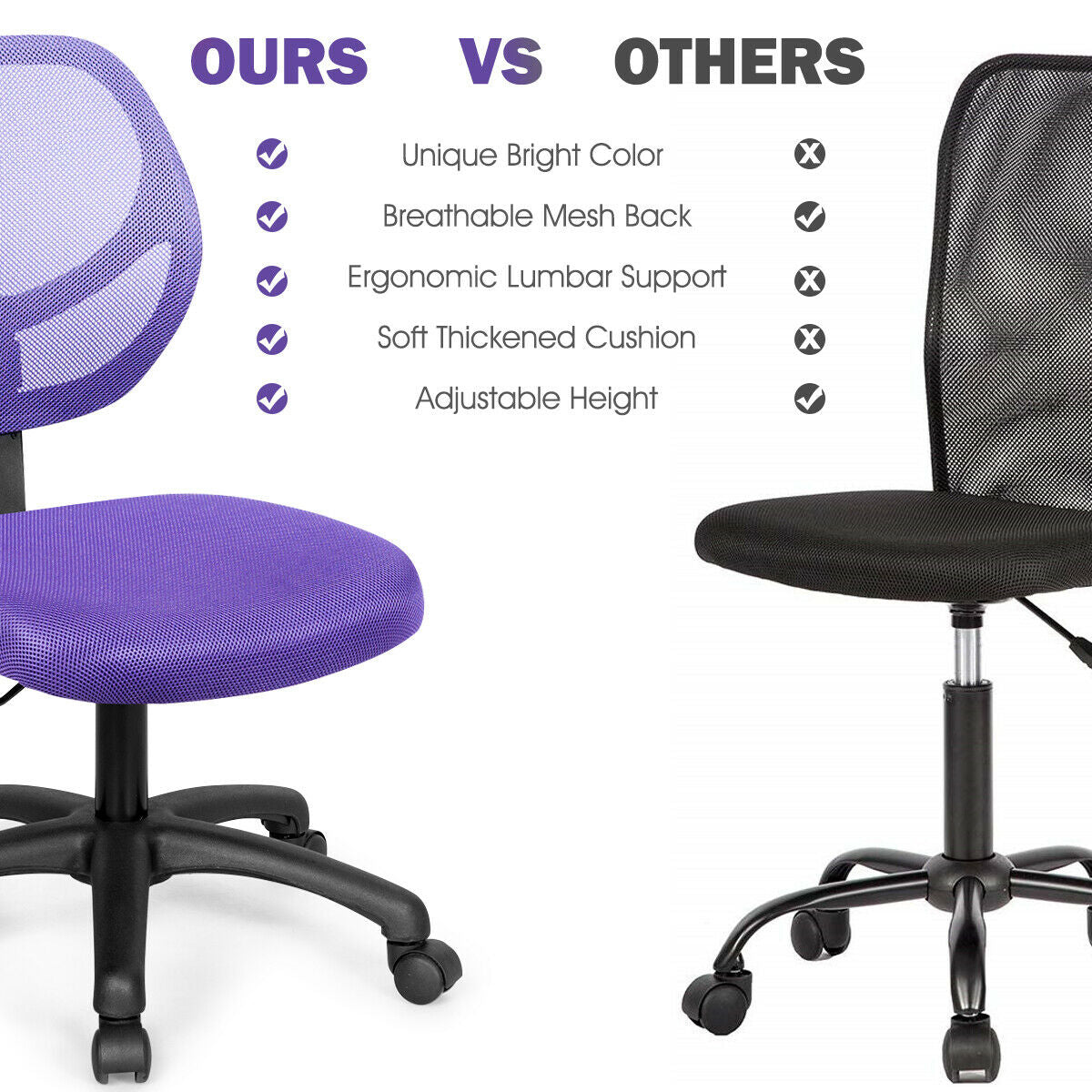 Low-back Computer Task Chair with Adjustable Height and Swivel Casters