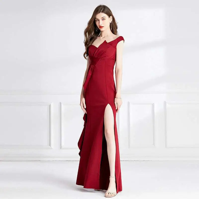 Satin Red Evening Dress with High Slit