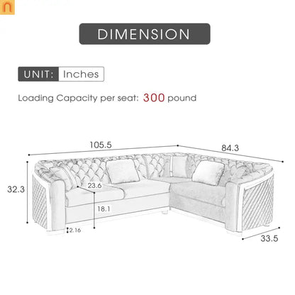 Sectional Sofa L-Shape Velvet Black Gold Steel Tufted 106in