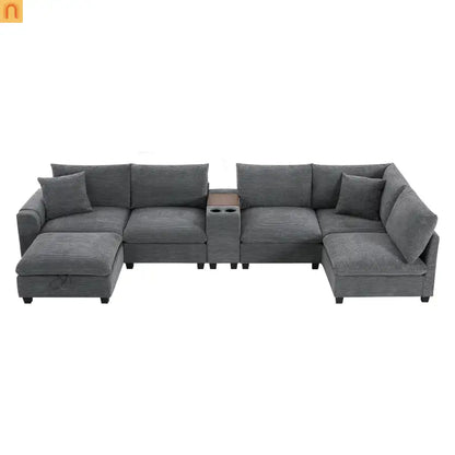 Sectional Sofa Modular Corduroy Gray 6-Seat USB Console 140in