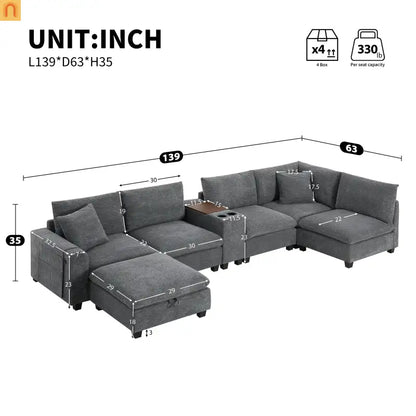 Sectional Sofa Modular Corduroy Gray 6-Seat USB Console 140in