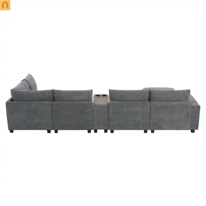 Sectional Sofa Modular Corduroy Gray 6-Seat USB Console 140in
