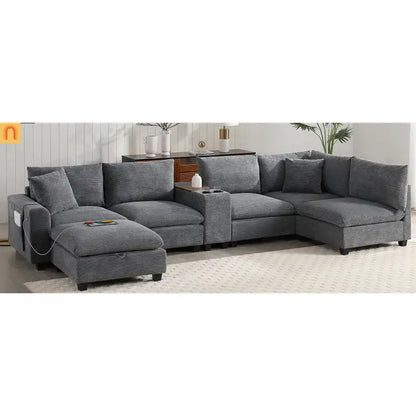 Sectional Sofa Modular Corduroy Gray 6-Seat USB Console 140in