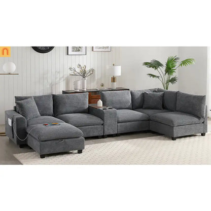 Sectional Sofa Modular Corduroy Gray 6-Seat USB Console 140in