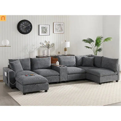 Sectional Sofa Modular Corduroy Gray 6-Seat USB Console 140in