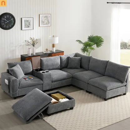 Sectional Sofa Modular Corduroy Gray 6-Seat USB Console 140in