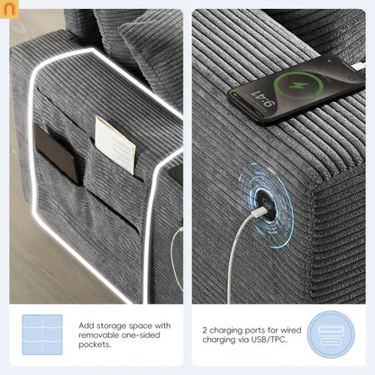 Sectional Sofa Modular Corduroy Gray 6-Seat USB Console 140in