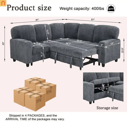 Sectional Sofa Bed L-Shape Corduroy Gray 5-Seat USB Storage