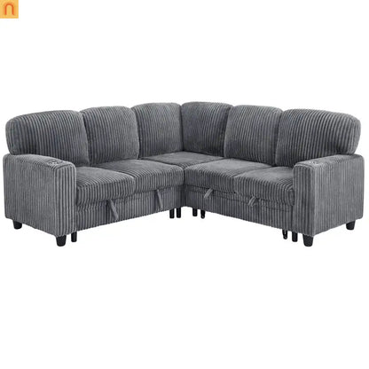 Sectional Sofa Bed L-Shape Corduroy Gray 5-Seat USB Storage
