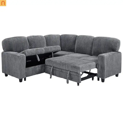 Sectional Sofa Bed L-Shape Corduroy Gray 5-Seat USB Storage