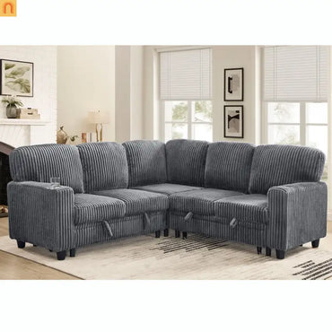 Sectional Sofa Bed L-Shape Corduroy Gray 5-Seat USB Storage