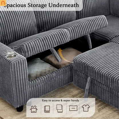 Sectional Sofa Bed L-Shape Corduroy Gray 5-Seat USB Storage