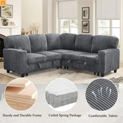 Sectional Sofa Bed L-Shape Corduroy Gray 5-Seat USB Storage