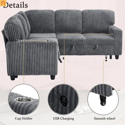 Sectional Sofa Bed L-Shape Corduroy Gray 5-Seat USB Storage