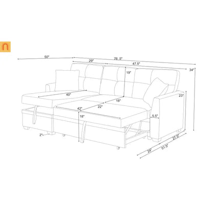 Sectional Sofa L-Shape Linen Almond 3-Seat Pullout Bed Storage