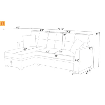 Sectional Sofa L-Shape Linen Almond 3-Seat Pullout Bed Storage