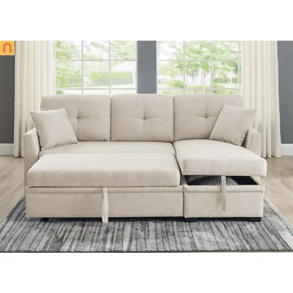 Sectional Sofa L-Shape Linen Almond 3-Seat Pullout Bed Storage