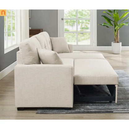 Sectional Sofa L-Shape Linen Almond 3-Seat Pullout Bed Storage