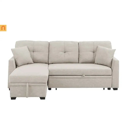 Sectional Sofa L-Shape Linen Almond 3-Seat Pullout Bed Storage