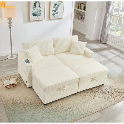 Sectional L-Shape Corduroy White Storage Ottomans USB Tabletop 69in