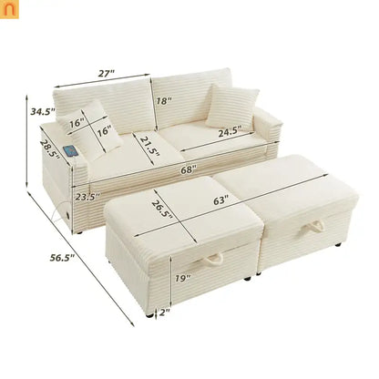 Sectional L-Shape Corduroy White Storage Ottomans USB Tabletop 69in