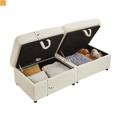 Sectional L-Shape Corduroy White Storage Ottomans USB Tabletop 69in
