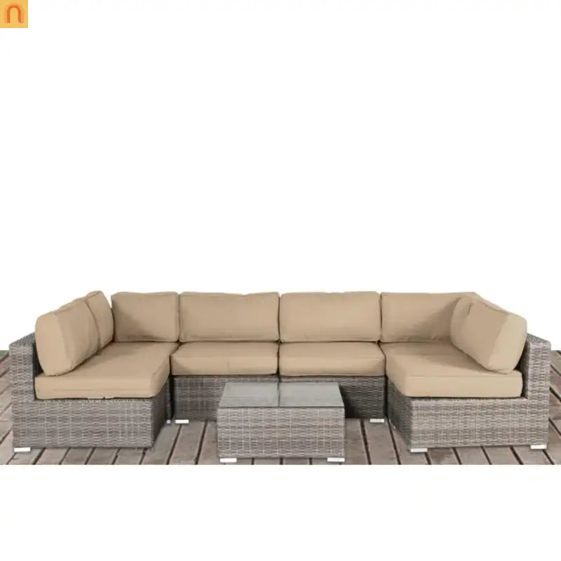 Outdoor Beige Wicker 4 Seater Sectional Set UV Resistant