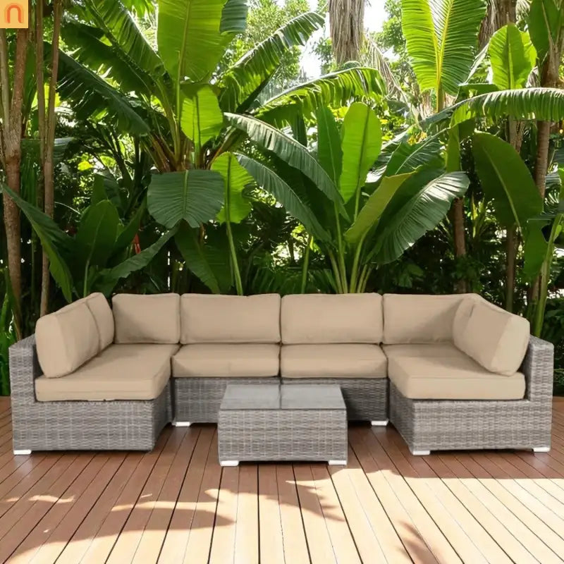 Outdoor Beige Wicker 4 Seater Sectional Set UV Resistant