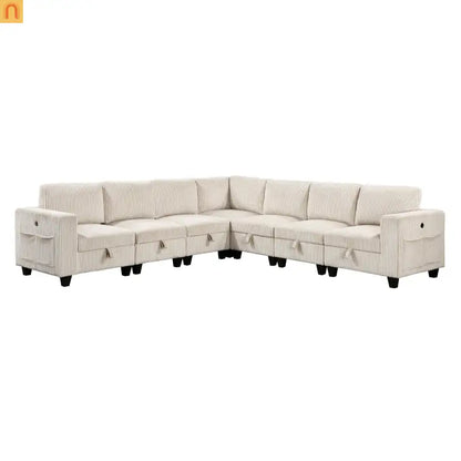 Sectional Sofa Modular Corduroy Beige 7-Seat Storage USB 112in