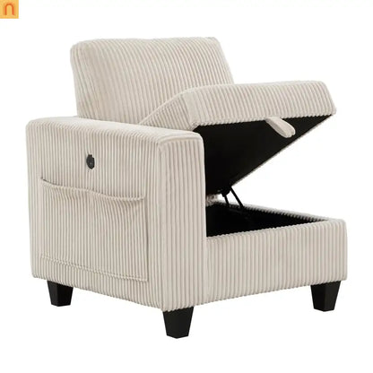 Sectional Sofa Modular Corduroy Beige 7-Seat Storage USB 112in