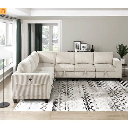 Sectional Sofa Modular Corduroy Beige 7-Seat Storage USB 112in