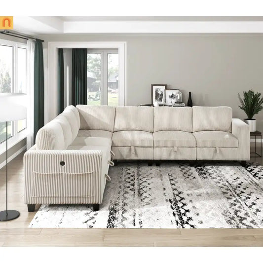 Sectional Sofa Modular Corduroy Beige 7-Seat Storage USB 112in