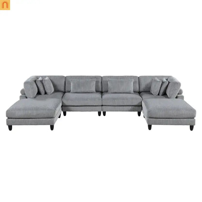 Sectional Sofa Modular Corduroy Gray 6-Seat 160in 2 Ottomans