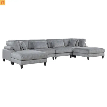 Sectional Sofa Modular Corduroy Gray 6-Seat 160in 2 Ottomans