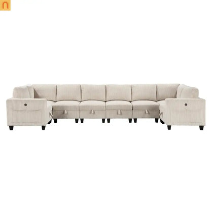 Sectional Sofa Modular Corduroy Beige 8-Seat Storage USB 163in