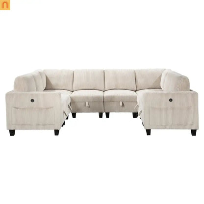 Sectional Sofa Modular Corduroy Beige 8-Seat Storage USB 163in