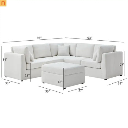 Sectional Sofa Modular Performance Fabric Ivory 6-Seat 93in