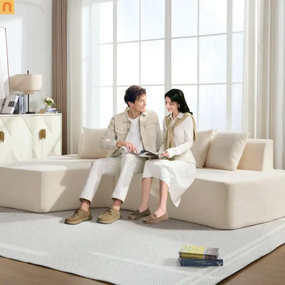 Sectional Sofa Modular Corduroy Ivory 3-Seat 5 Pillows 110in No Assembly