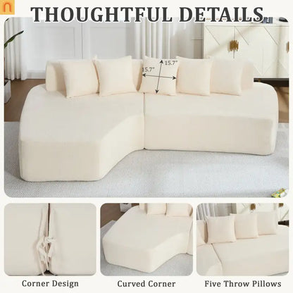 Sectional Sofa Modular Corduroy Ivory 3-Seat 5 Pillows 110in No Assembly