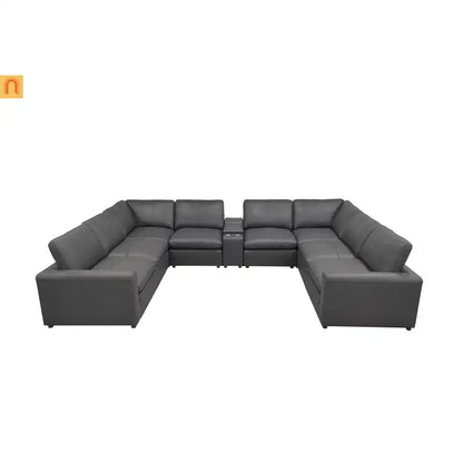 Sectional U-Shape Leather Match Blue Gray 8-Seat 164in