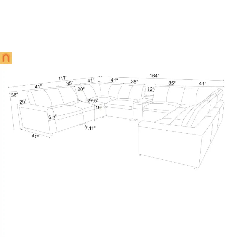Sectional U-Shape Leather Match Ginger 164in 8-Seat