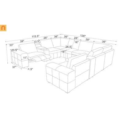 Sectional Sofa L-Shape Leather Match Ginger 2 Recliners 128in