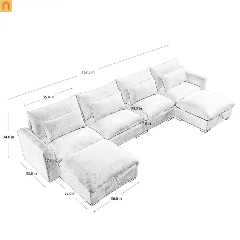 Sectional Sofa U-Shape Corduroy Beige 4-Seat Storage