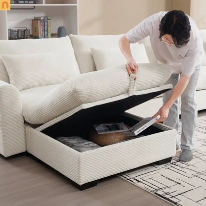 Sectional Sofa U-Shape Corduroy Beige 4-Seat Storage