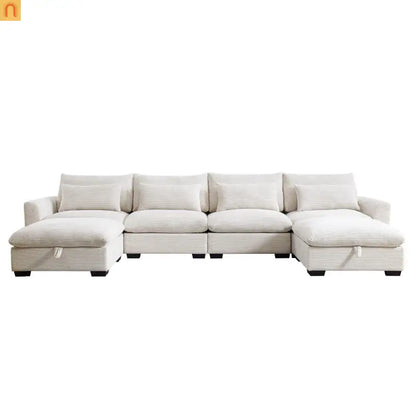 Sectional Sofa U-Shape Corduroy Beige 4-Seat Storage