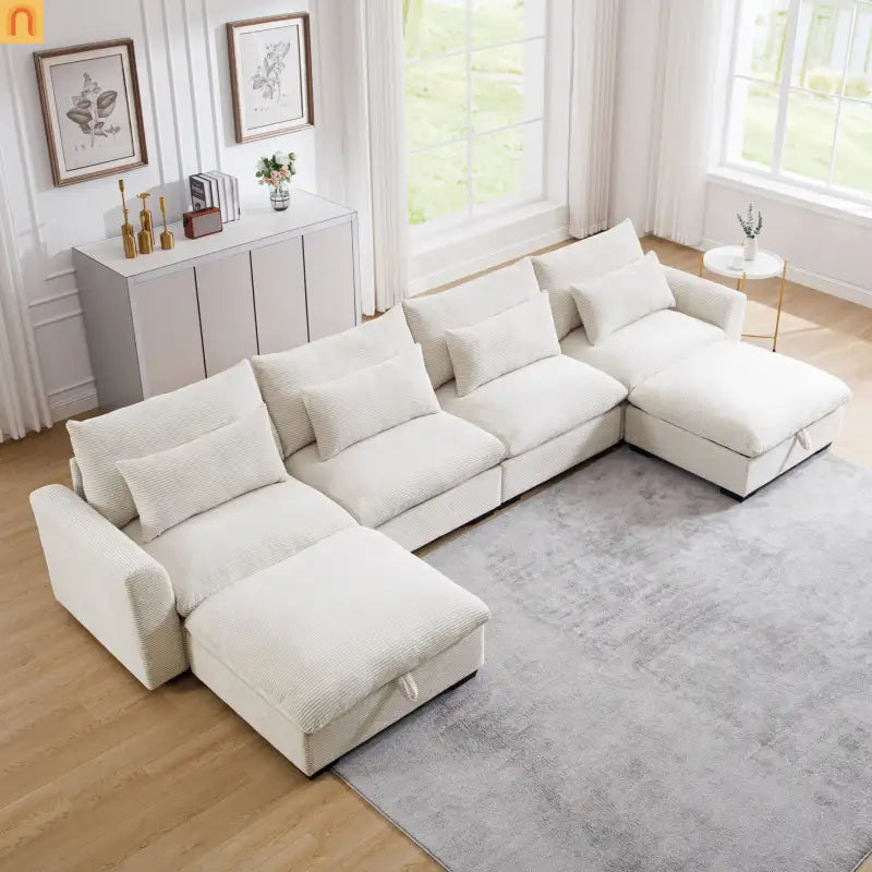 Sectional Sofa U-Shape Corduroy Beige 4-Seat Storage