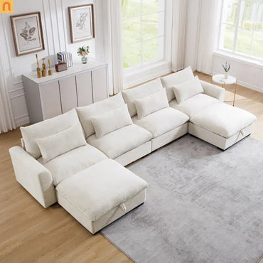 Sectional Sofa U-Shape Corduroy Beige 4-Seat Storage